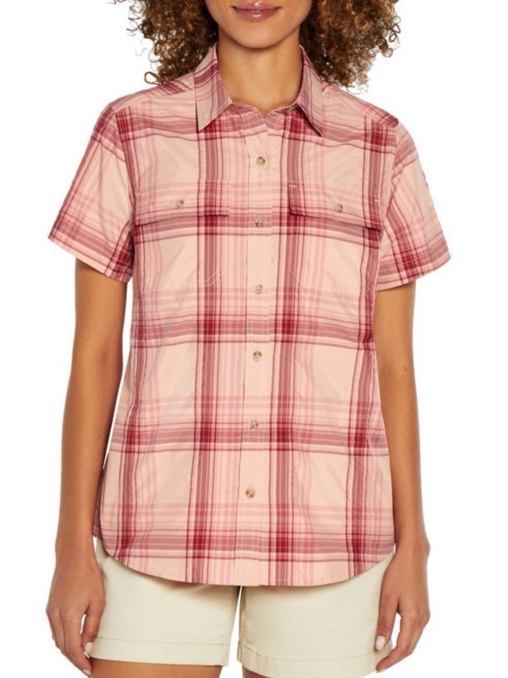 Eddie Bauer Pink Plaid Short-Sleeve Button-Up Shirt